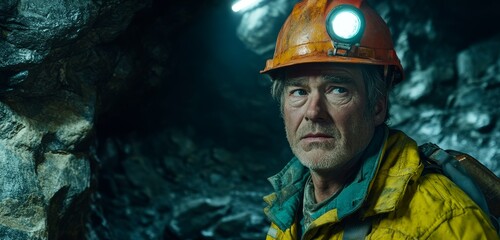 Fototapeta premium Miner wearing a helmet with a headlamp, standing in a dark underground tunnel