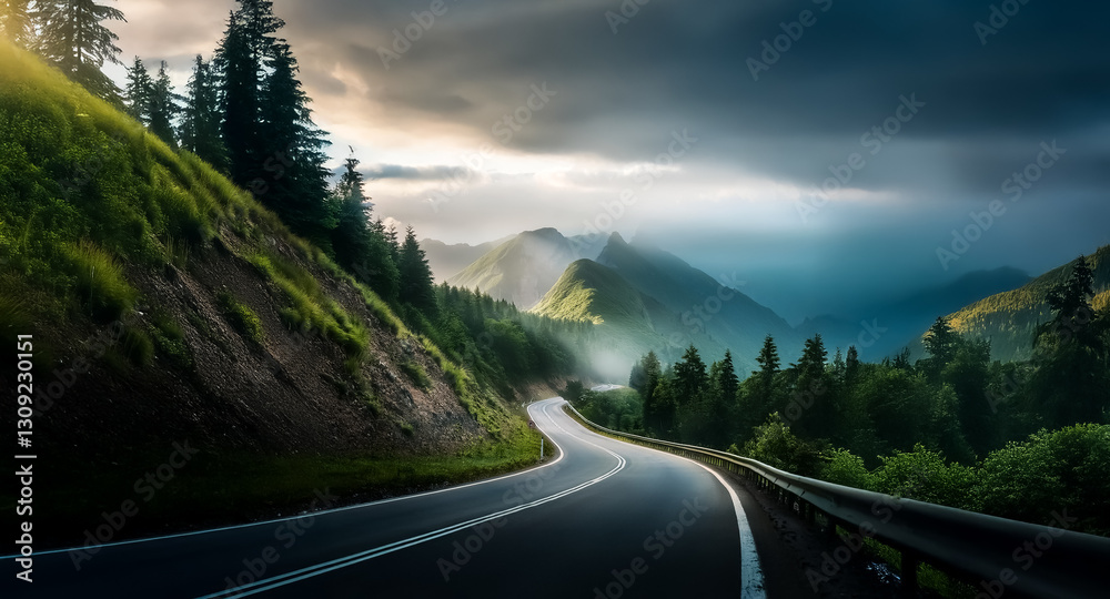 Poster a winding road cuts through a lush green mountain landscape. dark clouds contrast with sun rays brea