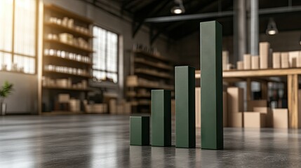 Visual representation of growth with green bars and a warehouse setting showcasing business potential