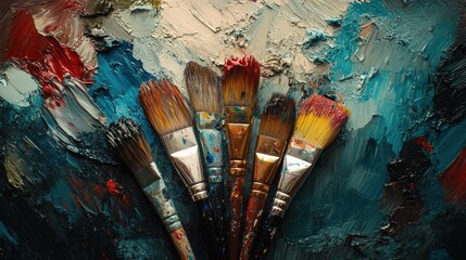 Obraz premium Colorful paintbrushes on textured abstract canvas with vibrant strokes