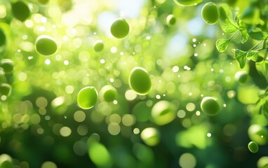 Fototapeta premium Floating fresh peas on a blurred garden background