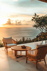 Fototapeta premium Luxurious villa in Bali with pool overlooking the ocean. Modern boho patio with minimalist furniture, serene atmosphere, golden hour lighting, tropical vibes. Beige and white tones