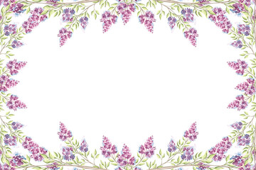 Lilac flowers sprigs with green leaves. Postcard template with copy space.Spring syringa horizontal frame, border. Purple blossom of spring. Botanical floral background. Clipart for wedding, textile.