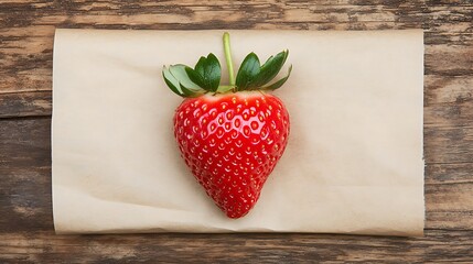 Strawberry on paper, atop wooden table, flat lay. Product shot