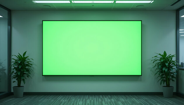 Large Green Screen in a Modern Office Space with Plants