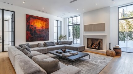 Modern living room with large gray sofa and abstract art by a cozy fireplace