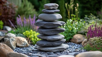 Zen garden with stacked stones and colorful flowers