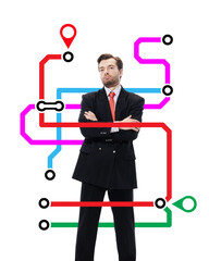 Conceptual art design. Confident businessman standing with arms crossed, overlaid by metro-inspired map with red location markers. Concept of roadmap, planning, strategic vision, leadership.