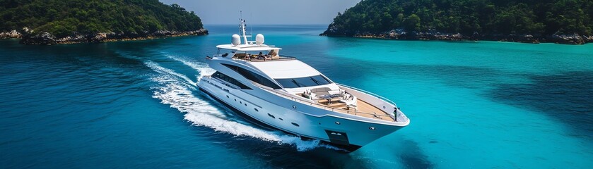 Fototapeta premium Luxury yacht sailing through turquoise sea, aerial shot of boat in motion, tropical location, relaxing summer vacation journey, highend vessel for ocean travel