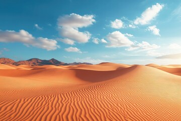Stunning view of vast orange sand dunes under a bright blue sky with fluffy white clouds a breathtaking desert landscape