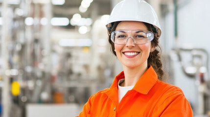smiling factory worker in orange protective clothing and safety gear stands confidently in industrial setting, showcasing professionalism and safety awareness
