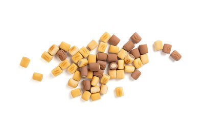 Filled dog biscuits, crackers isolated, soft crunchy pet treats pile, flavored small canine cookie