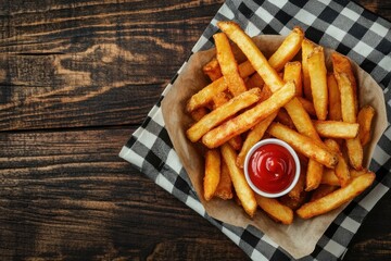 Crispy golden french fries basket with ketchup fast food delight rustic wooden table setting aerial view for food lovers
