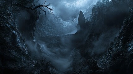 A spooky, fog-filled mountain landscape, dense pine forest barely visible through the swirling mist, deep shadows creating an ominous and eerie setting, black background, wide-angle shot.