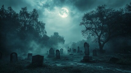 A spooky Halloween graveyard engulfed in mist, haunted trees stretching toward the glowing full moon, tombstones crumbling in the eerie darkness, chilling and atmospheric, wide-angle shot. 