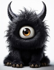 Fototapeta premium Unique black furry creature with one eye and horns sitting against a plain backdrop
