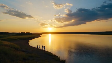 Obraz premium Silhouettes of people watching sunset over calm lake. Golden hour landscape. Tranquility and contemplation concept. Summer vacation, outdoor recreation, mental health awareness. Horizontal banner