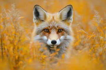 Red fox in golden autumn field staring ahead