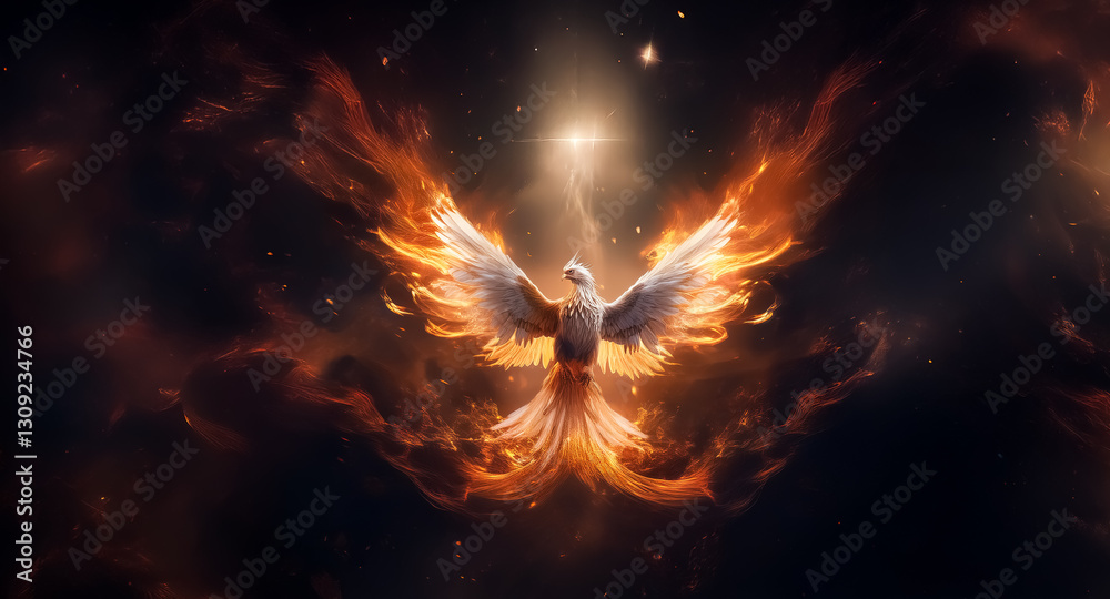 Aufkleber a fiery bird with outstretched wings radiates light against a cosmic dark backdrop. the mythical pho