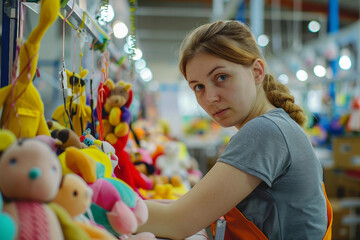 Fototapeta premium Production of new toys at the factory, woman create toys generative AI