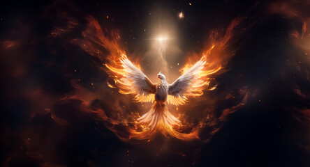 A fiery bird with outstretched wings radiates light against a cosmic dark backdrop. The mythical phoenix glows brilliantly, surrounded by nebula-like clouds and sparks of energy.