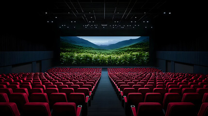 Naklejka premium Empty Red Auditorium Seats Facing Large Digital Screen Displaying Pixelated Landscape