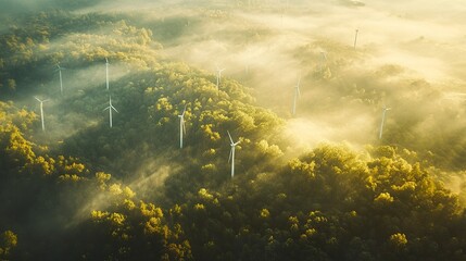 A stunning aerial view of wind turbines rising above a vast green forest, their sleek white structures contrasting against the rich foliage, sunlight illuminating the peaceful renewable energy scene.