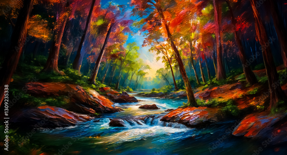 Aufkleber a vibrant forest scene with a clear stream flowing through colorful trees. sunlight filters through 