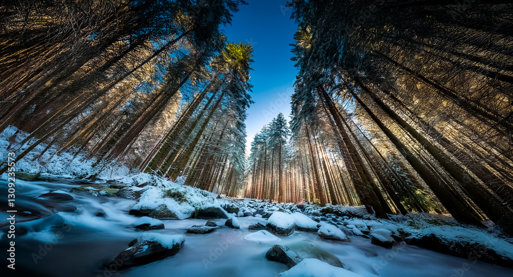 Poster low angle view through tall trees in a snowy forest, showcasing a flowing river and blue sky. winter
