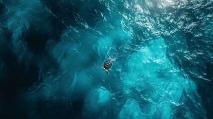 Naklejka premium A stunning high-angle aerial view of a sea turtle gliding through the crystal-clear waters, deep blue hues blending with light ripples, natures beauty on full display 