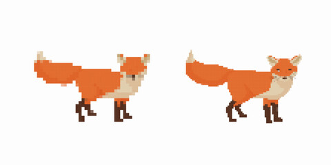 Two pixel art foxes with orange fur and bushy tails are standing in simple and static poses.