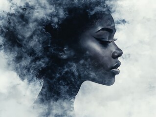 Serene woman's profile, clouds merging with hair.