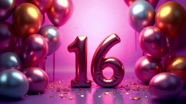 Animated 16th Birthday Banner with Balloons