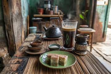 A Cozy, Rustic Cafe Scene Featuring Traditional Tea and Dessert Served on Wooden Table Surrounded by Vintage Kitchenware.