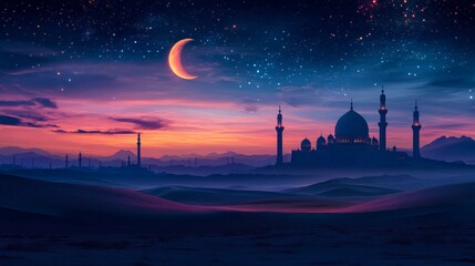 Obraz premium Night Scene of Mosque Silhouette Against Starlit Sky