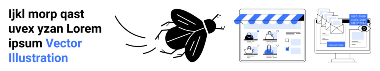 Text block, fly graphic, online storefront with product images, and computer screen displaying webpage design. Ideal for web design, e-commerce, UIUX, online shopping, digital marketing SEO