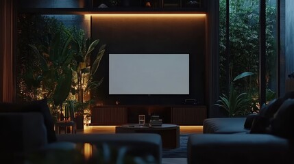 Modern living room interior with TV, sofa, and plants for relaxation and entertainment