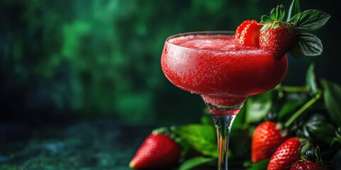 Floating frozen strawberry daiquiri with strawberries on a deep forest green background