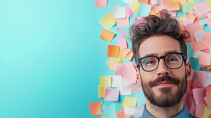 Creative man with glasses smiling against colorful sticky note background, showcasing brainstorming atmosphere