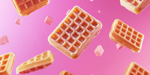 Floating frozen waffles with a touch of frost on a vivid fuchsia background