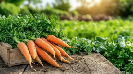 Freshly harvested carrots are arranged in an appealing fashion on a rustic wooden crate, set against the backdrop of a vibrant garden illuminated by the warm hues of sunset