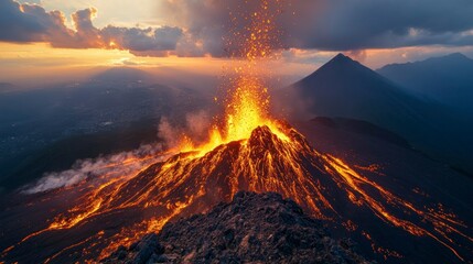 Fototapeta premium Volcanic activity is on full display as lava streams down the slopes, with an impressive ash cloud billowing into the sky during sunset. The surrounding peaks enhance the dramatic landscape