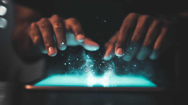 person interacting with tablet, creating magical effect with hands. scene conveys sense of innovation and technology