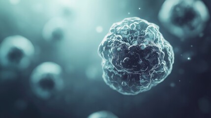 Close-up of decaying single cell with visible disintegration, contrasting with surrounding healthy cells, highlighting cellular biology concepts of life and death.