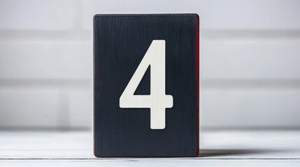 Dark Gray Wooden Block with White Number Four on White Brick Background