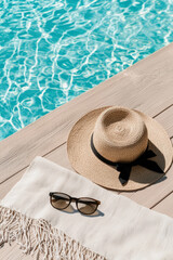 Discover the Ultimate Summer Vibe: Relaxation by the Pool with a Stylish Hat and Sunglasses in a Sunlit Paradise
