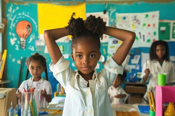 Obraz premium A Young Black Girl with Natural Hair Poses Confidently in a Vibrant Classroom Full of Students Engaged in Creative Activities.