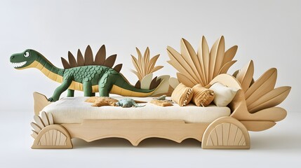 Dinosaur Bed: A playful and imaginative dinosaur-themed bed, a fun and creative space for a child, decorated with a friendly green dinosaur, wooden accents and soft bedding.