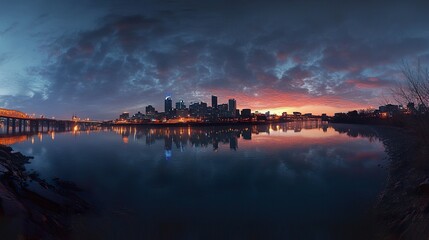 Fototapeta premium A stunning view of the Nashville skyline at dusk, vibrant city lights illuminating the skyline, the Cumberland River reflecting the glow, famous landmarks visible 