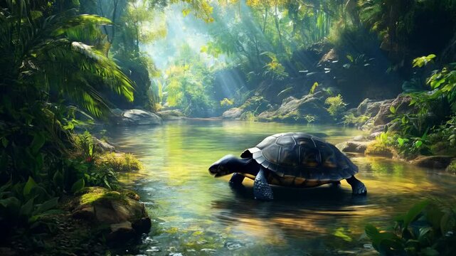 The turtle basked in the warm sun on the riverbank, occasionally peeking out from its shell as it enjoyed the peaceful surroundings.